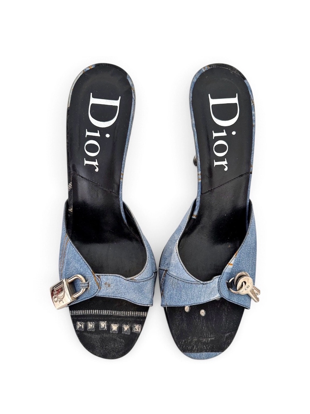 Christian Dior Blue Denim Lock & Key Mule Heels EU 37.5 Vintage Galliano Y2K